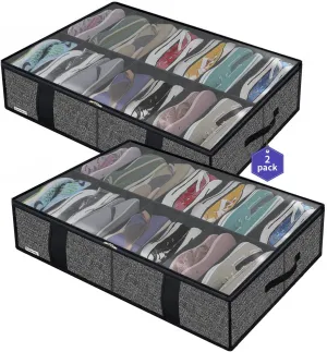 Onlyeasy 2 Pack Under Bed Shoe Storage Organizers with Handles & Clear window (Fit 14  14 Pairs), Sturdy Underbed Box Organizer Shoe Storage Bags for Kids & Adults, Linen-like Black, MXAUBS14S14