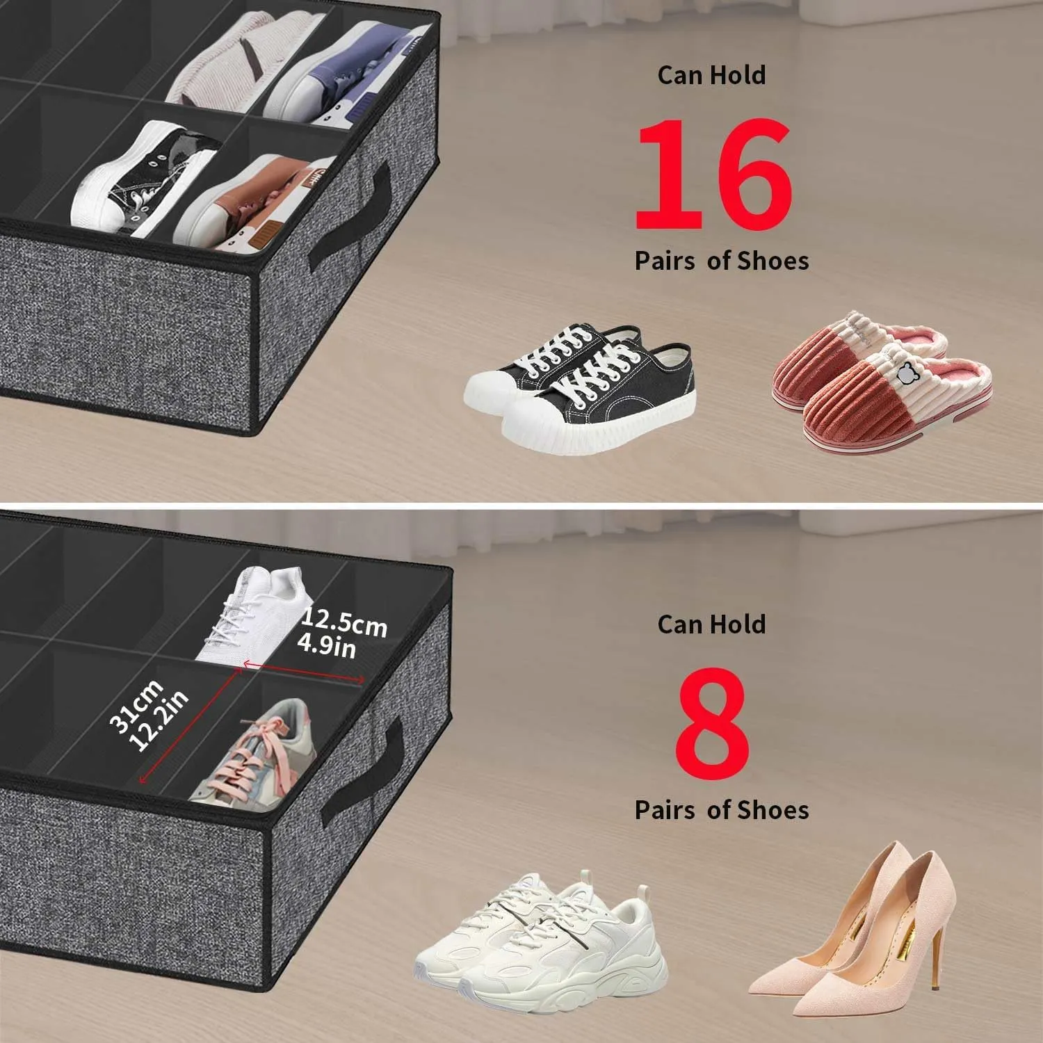 Onlyeasy Sturdy Under Bed Shoe Storage Organizer with Handles and Clear Window Fit 16 to 32 Pairs, Premium Foldable Shoes Container Box for Closet, 37.7x 23.6x 5.9 inch, Cotton-like Black, MXBUBS16P2
