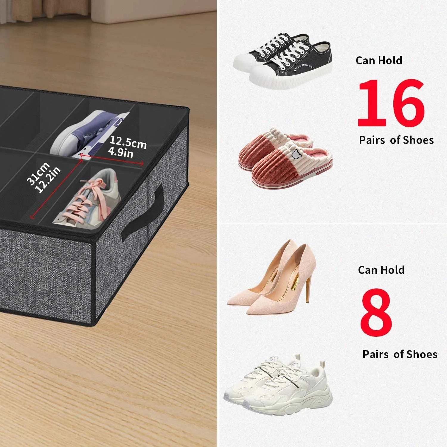 Onlyeasy Sturdy Under Bed Shoe Storage Organizer with Handles and Clear Window Fit 16 to 32 Pairs, Premium Foldable Shoes Container Box for Closet, 37.7x 23.6x 5.9 inch, Cotton-like Black, MXBUBS16P2