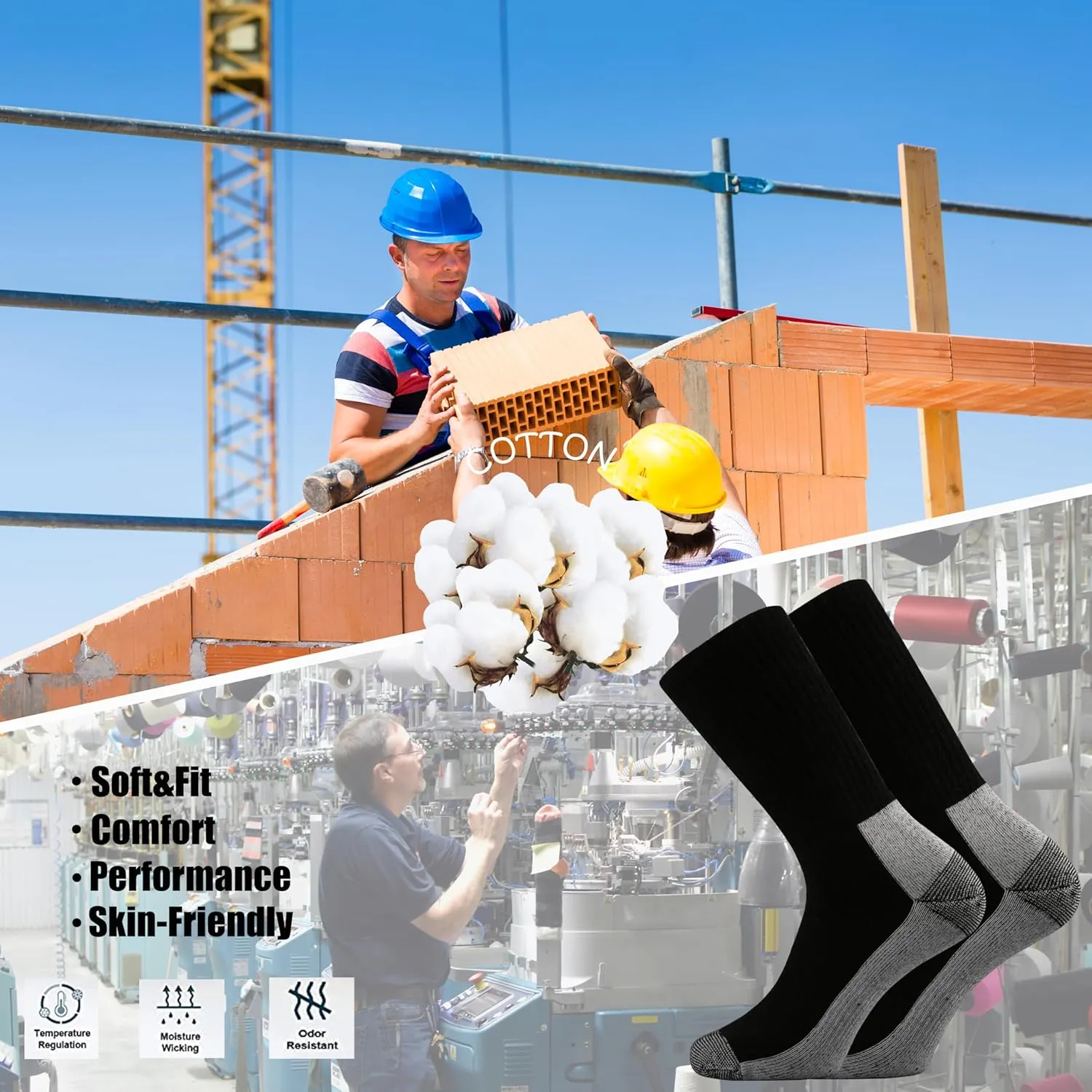 Ortis Men's Cotton Cushion Crew Socks Moisture Wicking Breathable Thick Warm Thermal for Athletic Heavy Duty Work Boot