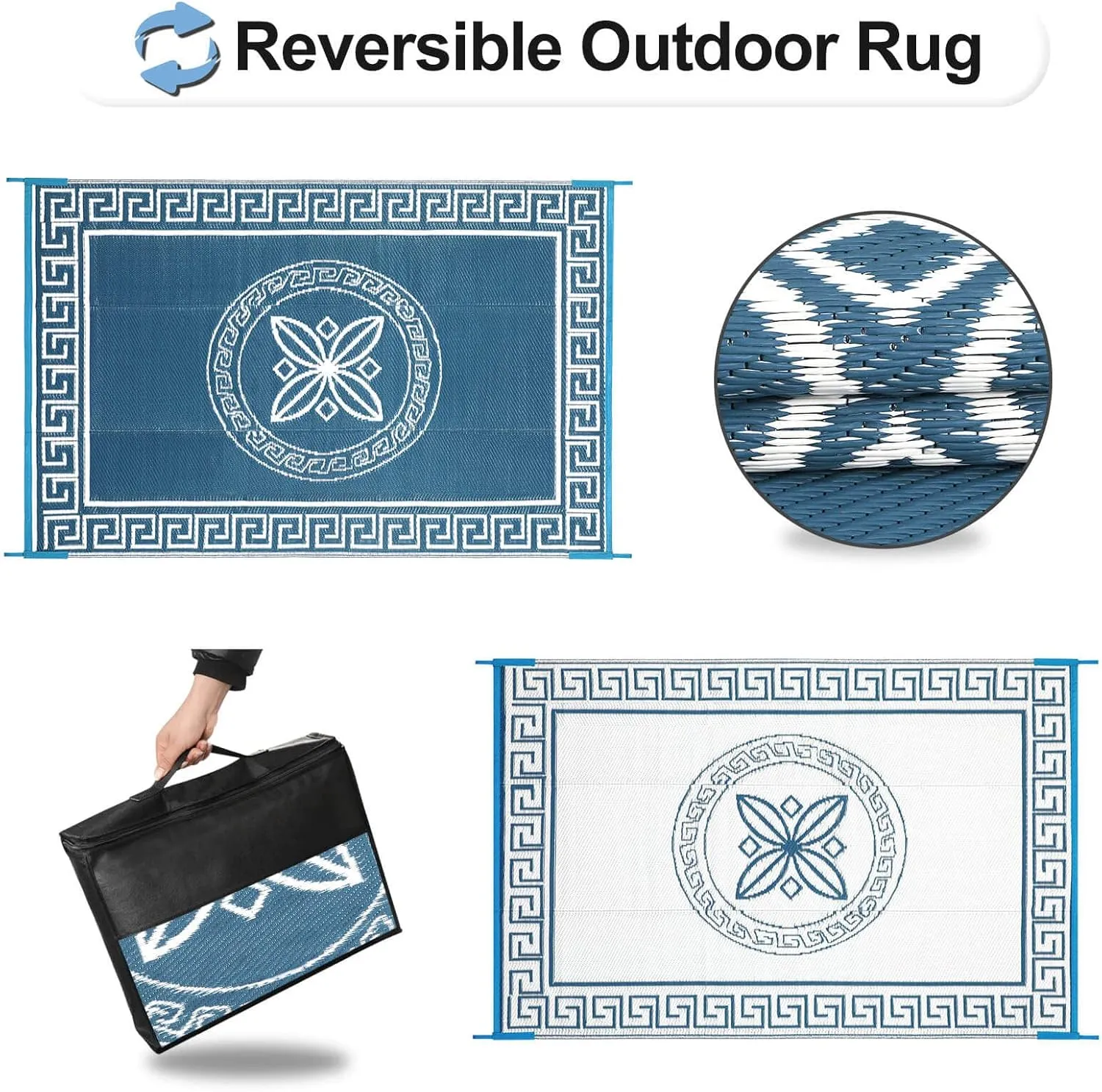 OutdoorLines Outdoor Reversible Rugs for Patio 4x6 ft - Platsic Area Rug, Stain & UV Resistant Portable RV Carpet, Plastic Straw Mats for Porch Deck and Camping Quatrefoil/Grayish Blue & White