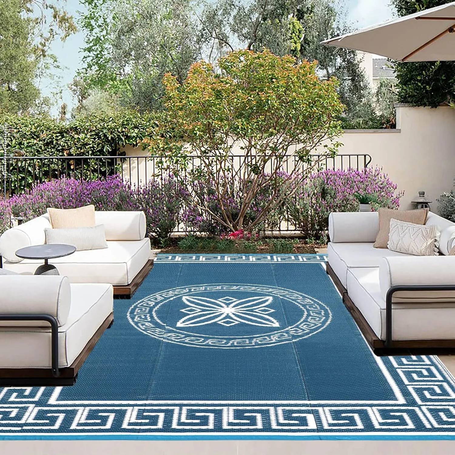 OutdoorLines Outdoor Reversible Rugs for Patio 4x6 ft - Platsic Area Rug, Stain & UV Resistant Portable RV Carpet, Plastic Straw Mats for Porch Deck and Camping Quatrefoil/Grayish Blue & White