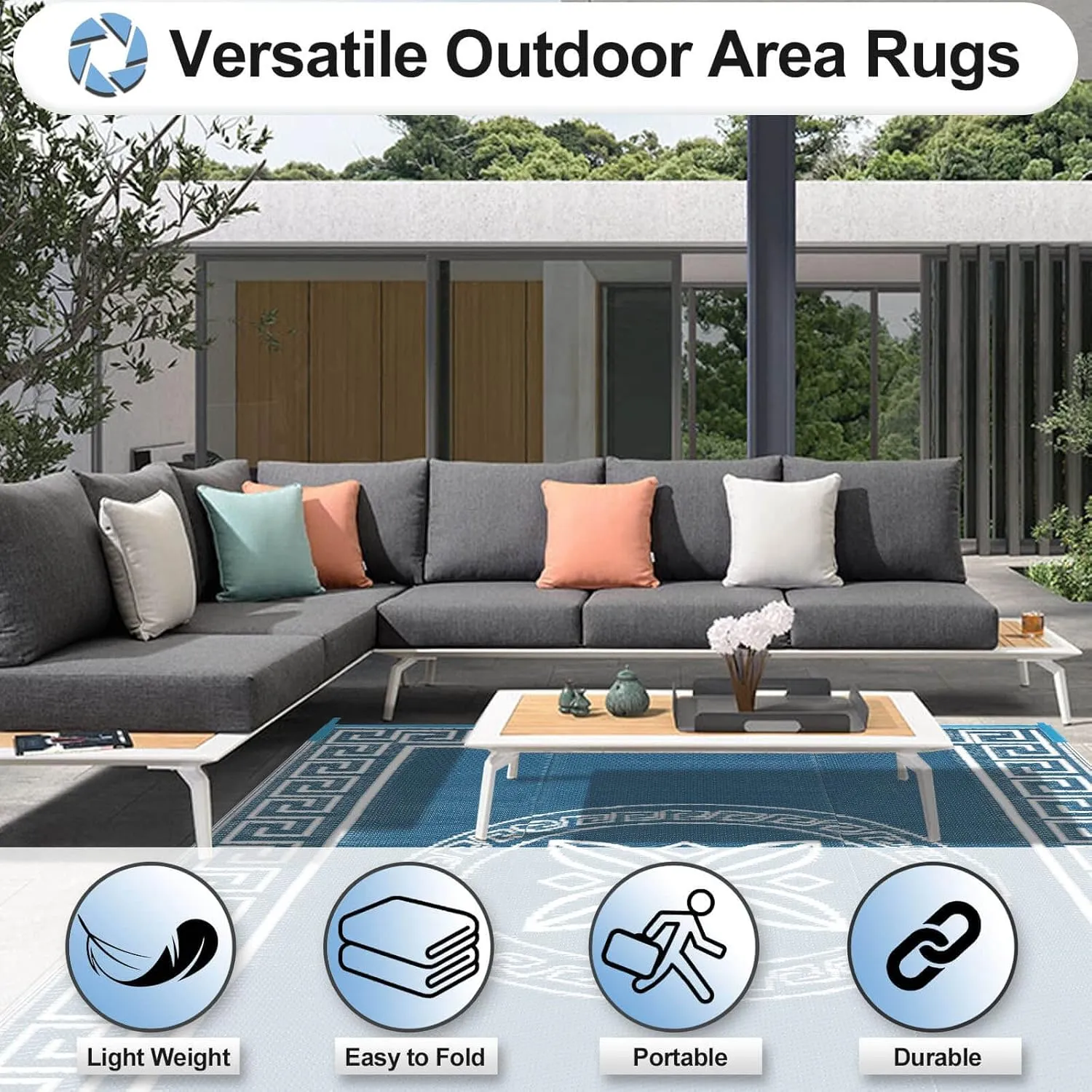 OutdoorLines Outdoor Reversible Rugs for Patio 4x6 ft - Platsic Area Rug, Stain & UV Resistant Portable RV Carpet, Plastic Straw Mats for Porch Deck and Camping Quatrefoil/Grayish Blue & White