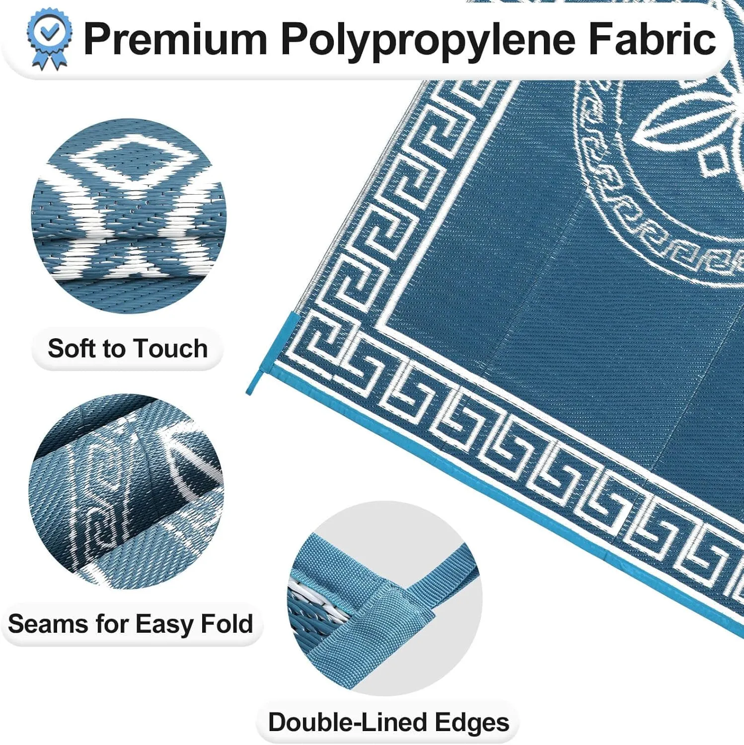 OutdoorLines Outdoor Reversible Rugs for Patio 4x6 ft - Platsic Area Rug, Stain & UV Resistant Portable RV Carpet, Plastic Straw Mats for Porch Deck and Camping Quatrefoil/Grayish Blue & White