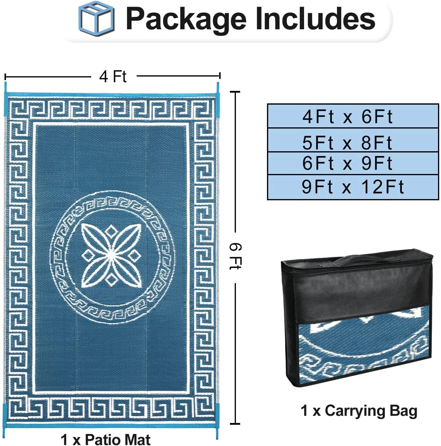 OutdoorLines Outdoor Reversible Rugs for Patio 4x6 ft - Platsic Area Rug, Stain & UV Resistant Portable RV Carpet, Plastic Straw Mats for Porch Deck and Camping Quatrefoil/Grayish Blue & White