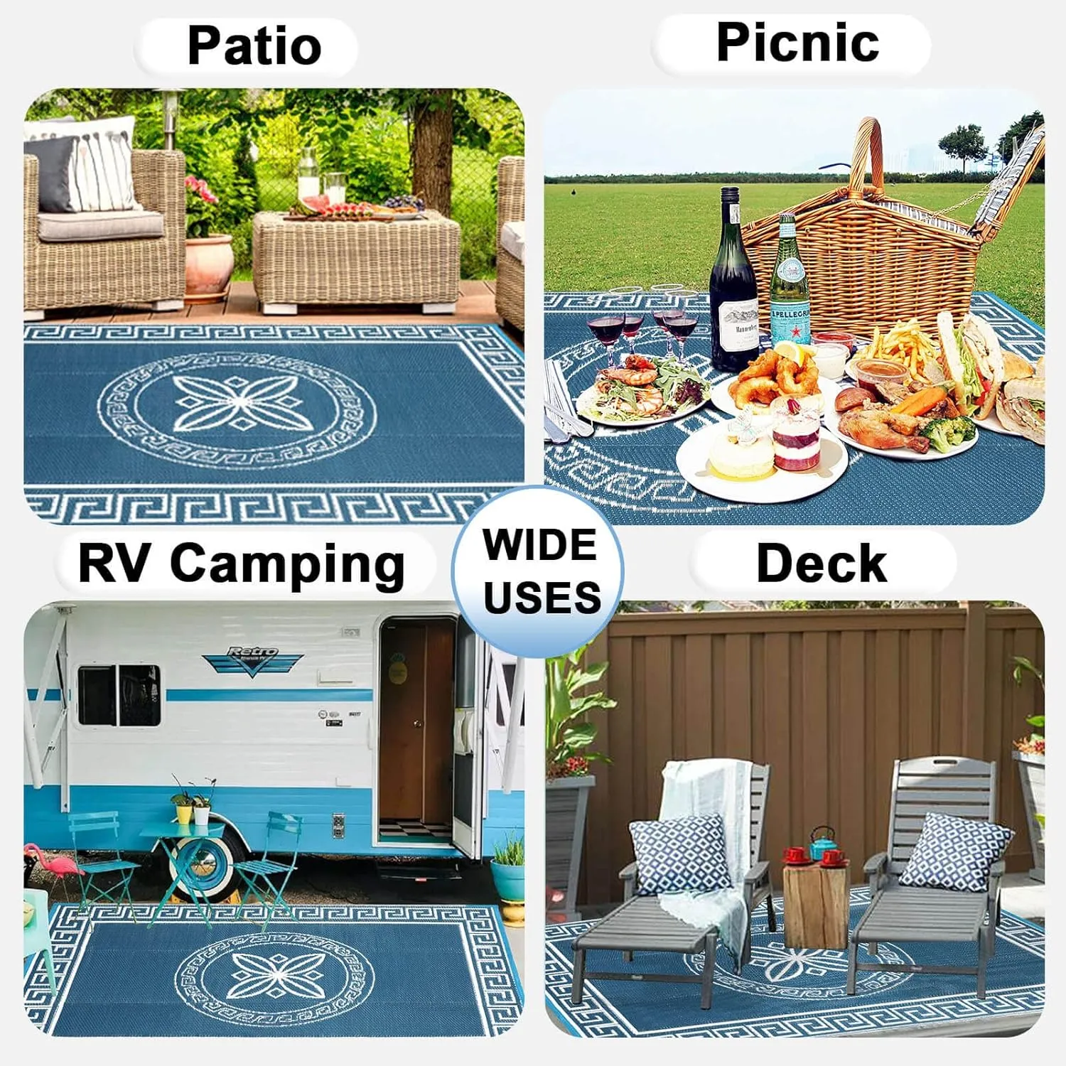 OutdoorLines Outdoor Reversible Rugs for Patio 4x6 ft - Platsic Area Rug, Stain & UV Resistant Portable RV Carpet, Plastic Straw Mats for Porch Deck and Camping Quatrefoil/Grayish Blue & White