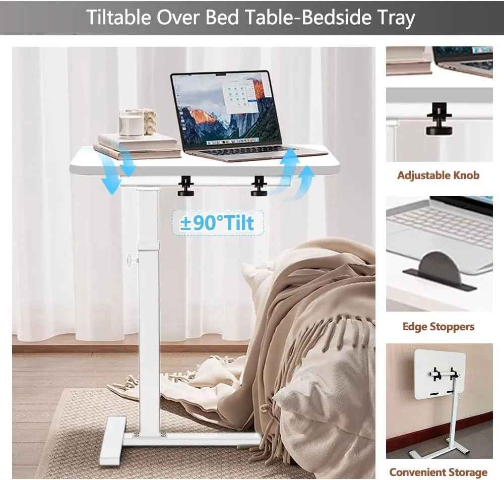 Overbed Table,Hospital Bed Tables,Tilting Over The Bed Table with Hidden Wheels,Adjustable Bedside Tables and Rolling Tray,Hospital Table Over Bed for Home Use-Tilt White