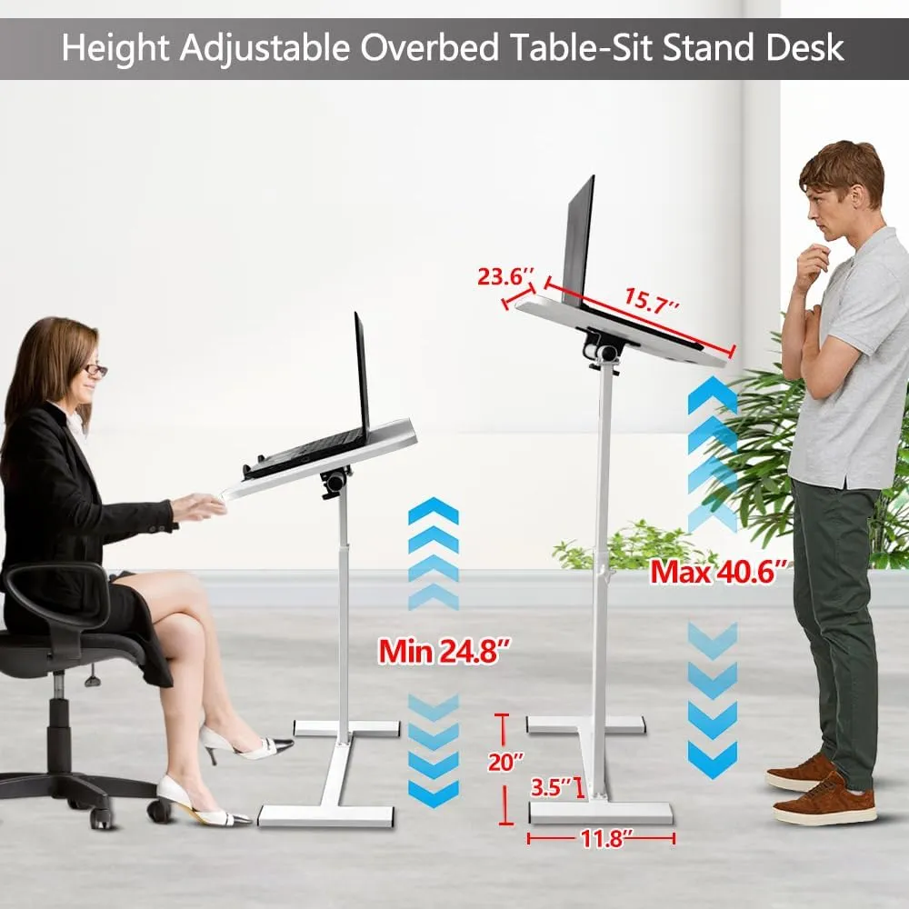 Overbed Table,Hospital Bed Tables,Tilting Over The Bed Table with Hidden Wheels,Adjustable Bedside Tables and Rolling Tray,Hospital Table Over Bed for Home Use-Tilt White
