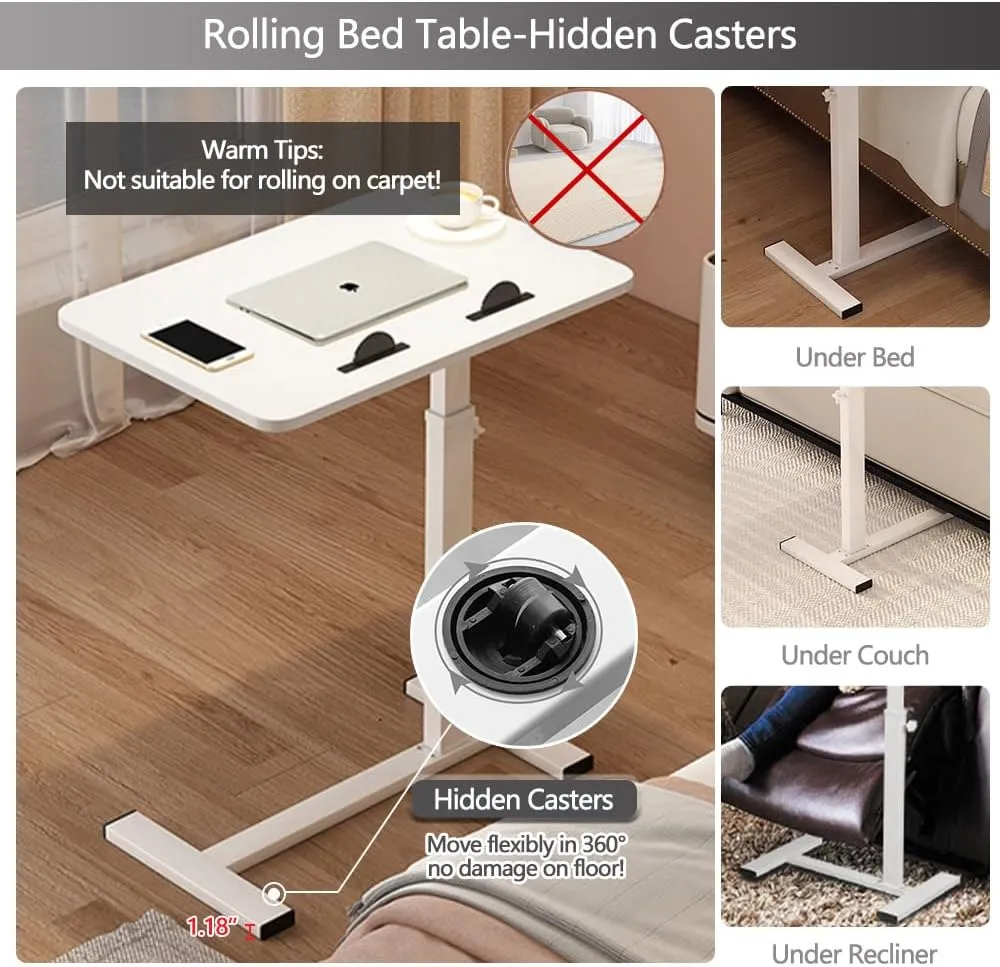 Overbed Table,Hospital Bed Tables,Tilting Over The Bed Table with Hidden Wheels,Adjustable Bedside Tables and Rolling Tray,Hospital Table Over Bed for Home Use-Tilt White