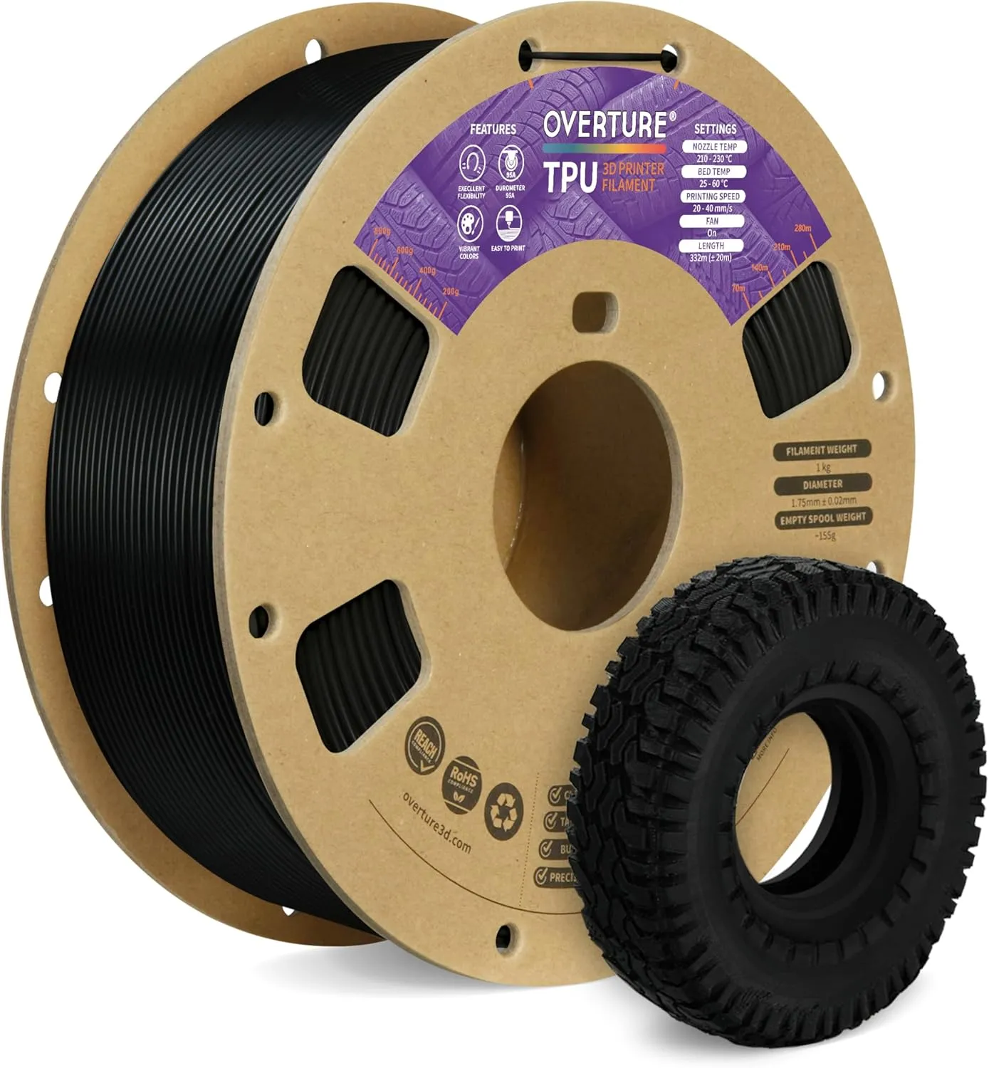 OVERTURE TPU Filament 1.75mm Flexible TPU Roll, 95A Soft 3D Printer Filament, 1kg Spool (2.2 lbs), Dimensional Accuracy  /- 0.02 mm (TPU Black)