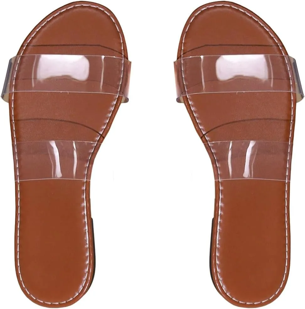 OYOANGLE Women's Clear Strap Flat Sandals Open Toe Double Band Casual Slide Sandals