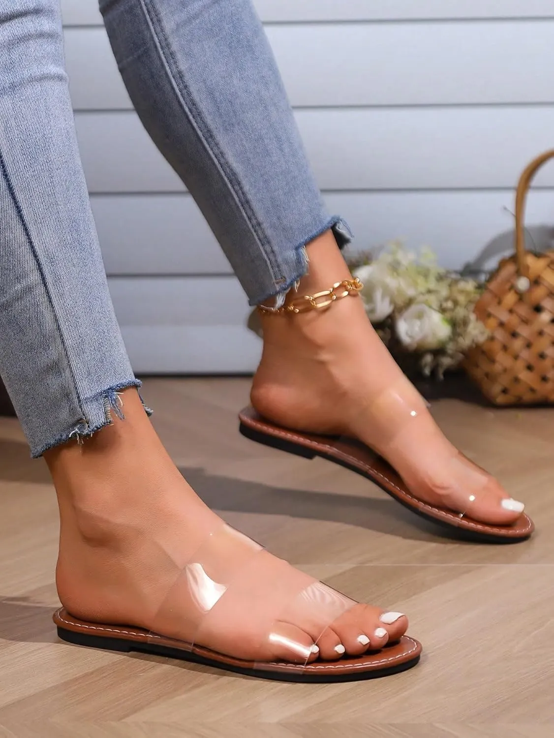 OYOANGLE Women's Clear Strap Flat Sandals Open Toe Double Band Casual Slide Sandals