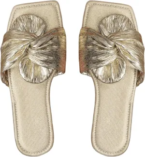 OYOANGLE Women's Metallic Twist Front Open Toe Flat Sandals Fashion Slide Sandals