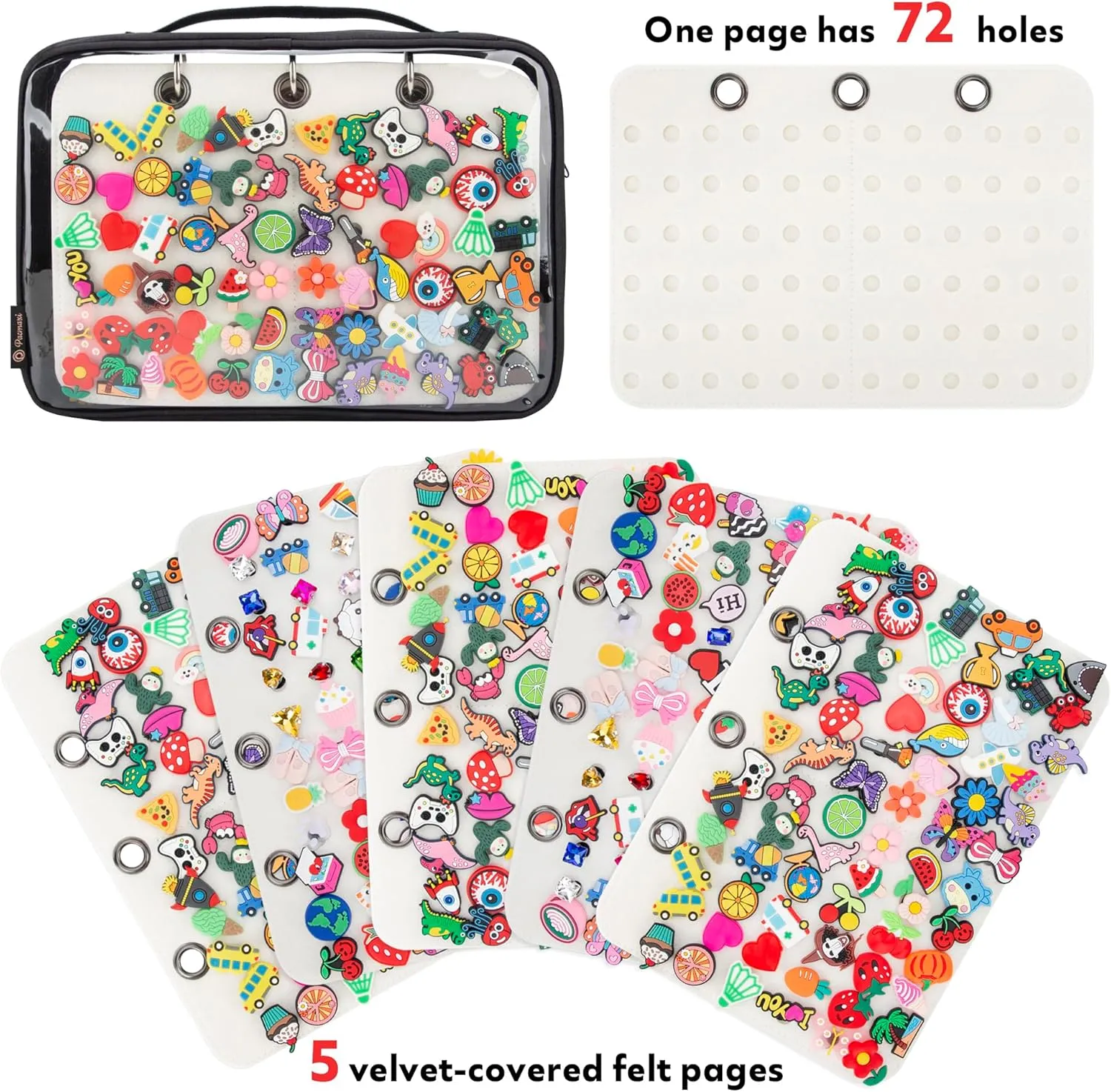 PACMAXI Shoe Charms Organizer, Display Holder with 5 Pages, Portable Travel Storage Bag for Charms Collection