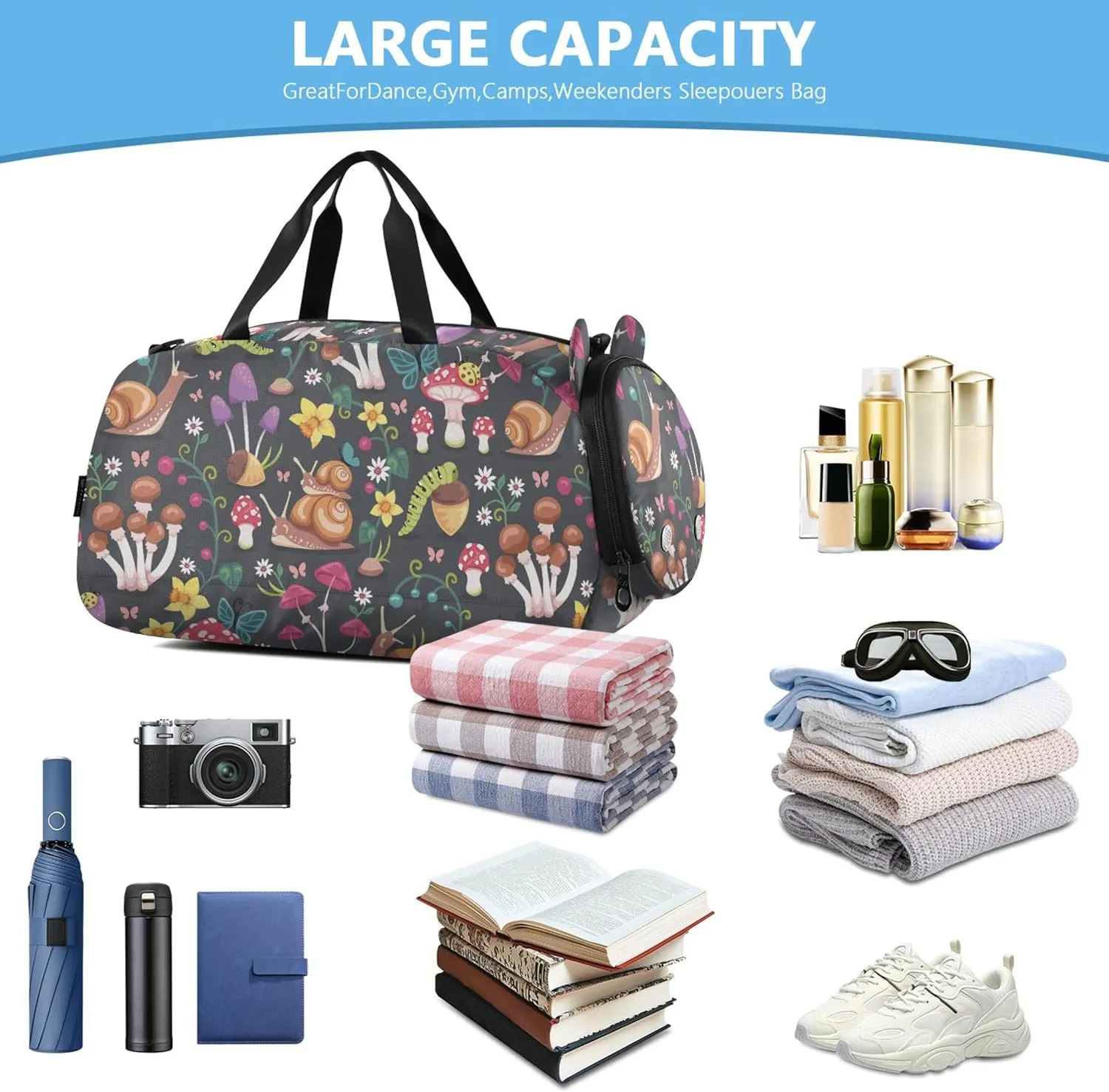 Pattern Design with Mushrooms Gym Duffel Bag with Shoes Compartment Large Capacity Weekend Travel Bag for Travel, Sports, Duffel, Weekender