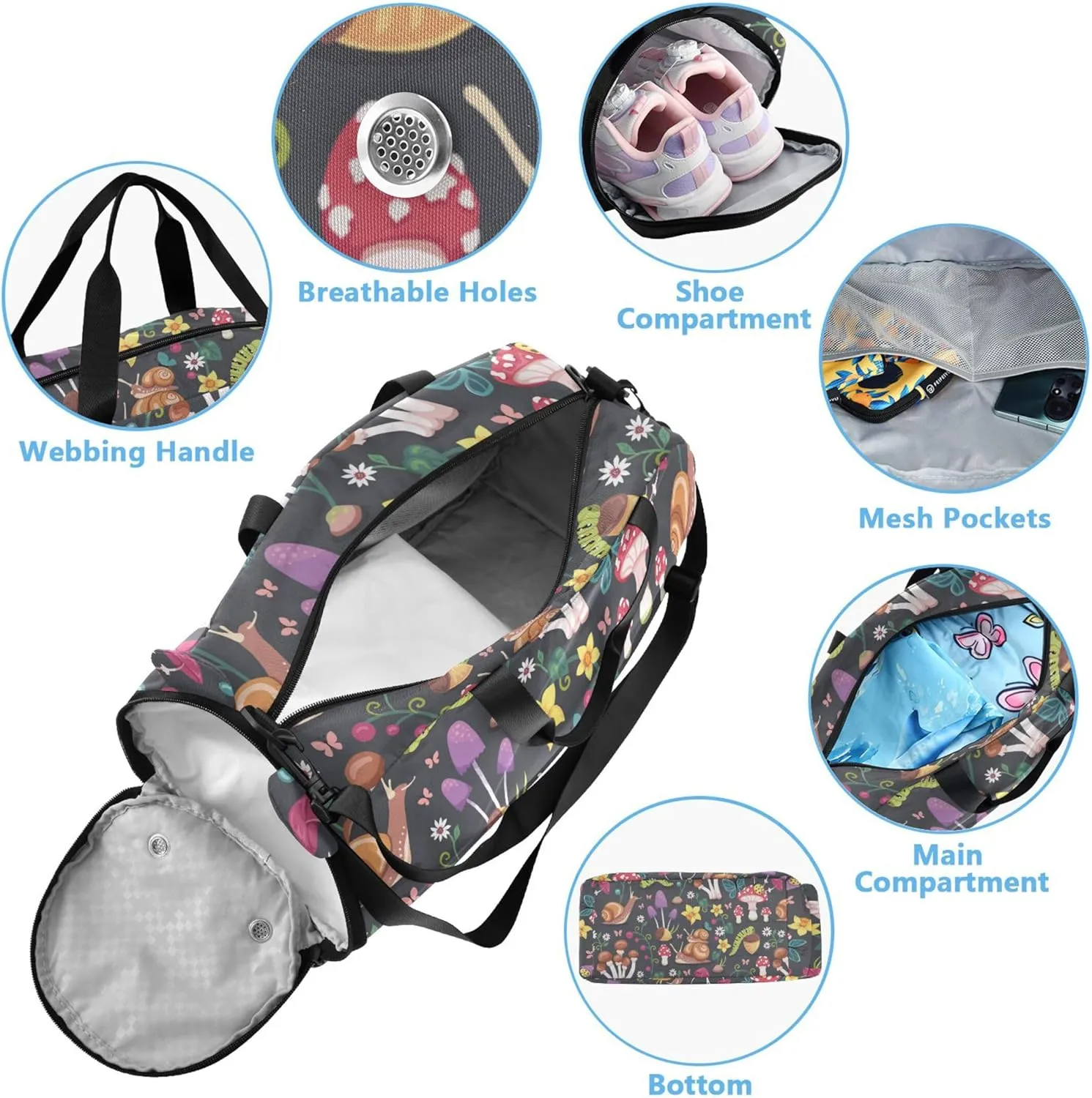 Pattern Design with Mushrooms Gym Duffel Bag with Shoes Compartment Large Capacity Weekend Travel Bag for Travel, Sports, Duffel, Weekender
