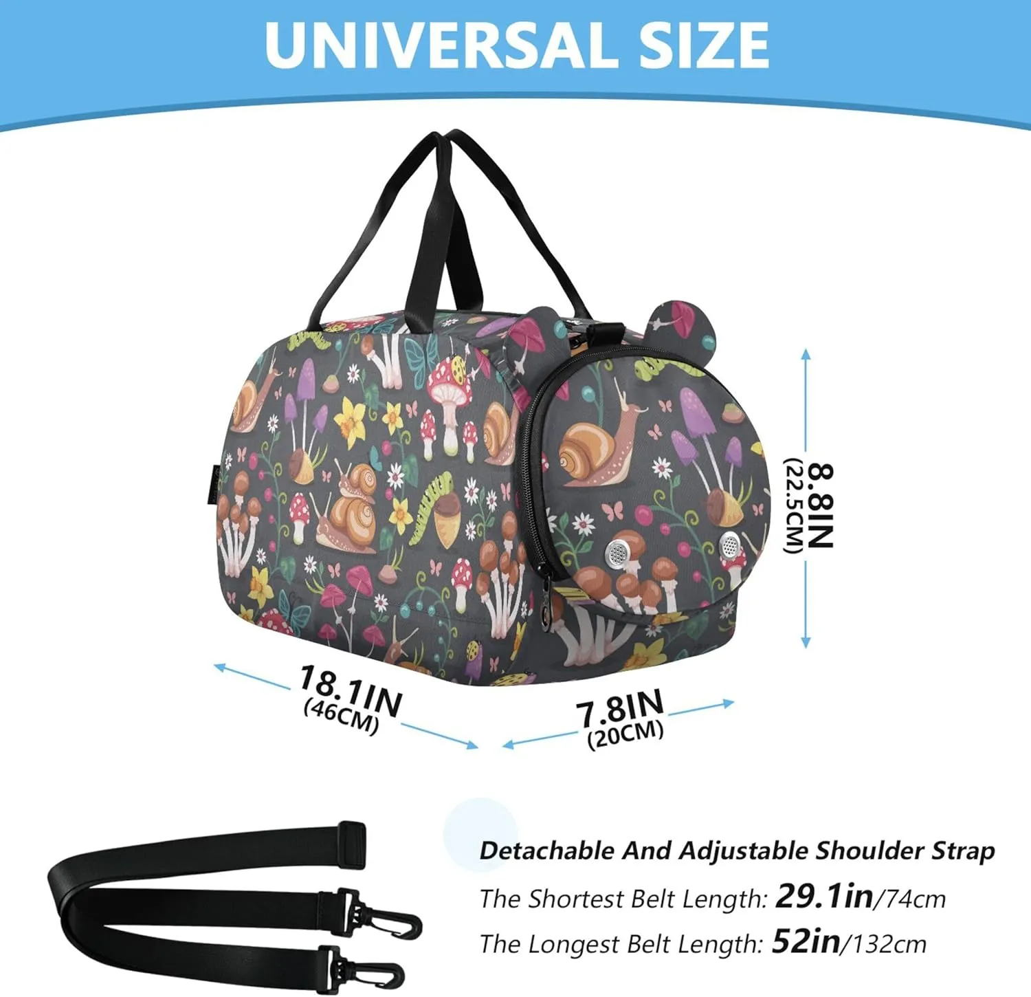 Pattern Design with Mushrooms Gym Duffel Bag with Shoes Compartment Large Capacity Weekend Travel Bag for Travel, Sports, Duffel, Weekender