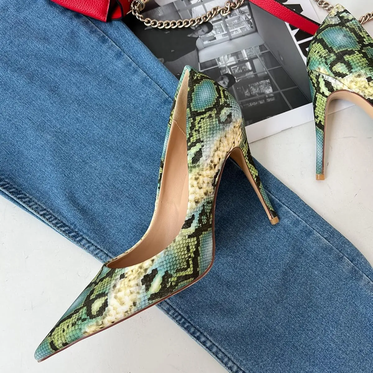 Pazzion Women Classic Closed Pointed Toe Stiletto Heeled Pumps Slip On Snakeskin High Heel Shoes for Party Evening Dress Size 4-16 US