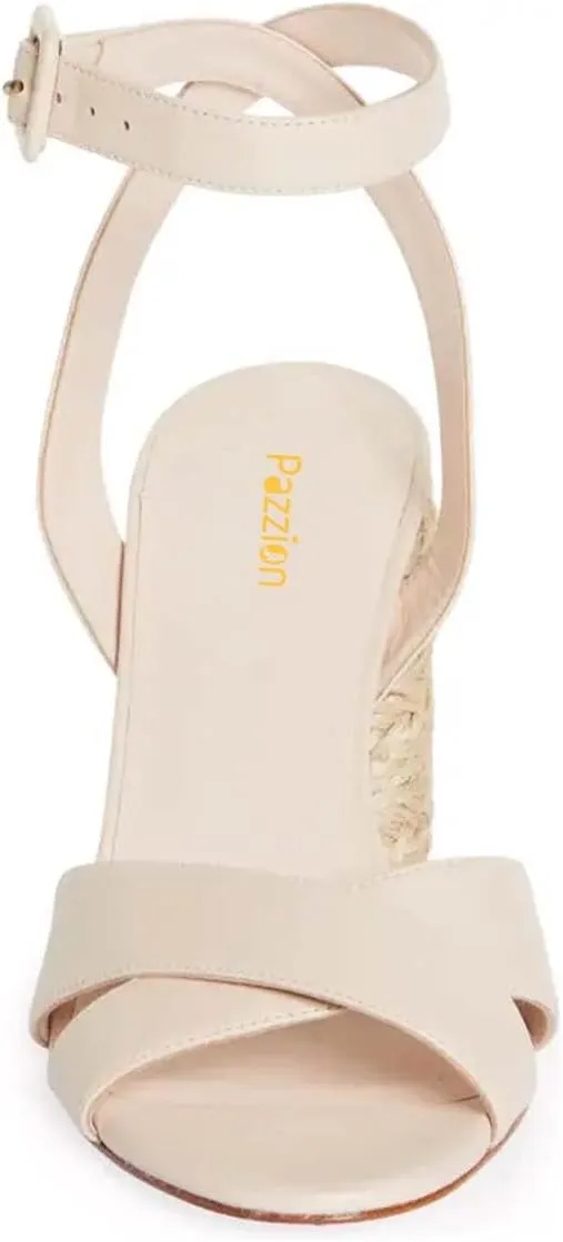 Pazzion Women Open Round Toe Block Heeled Sandals Crossover Straps Buckle Up High Heel Pumps Fashion Summer Evening Shoes Size 4-16 US