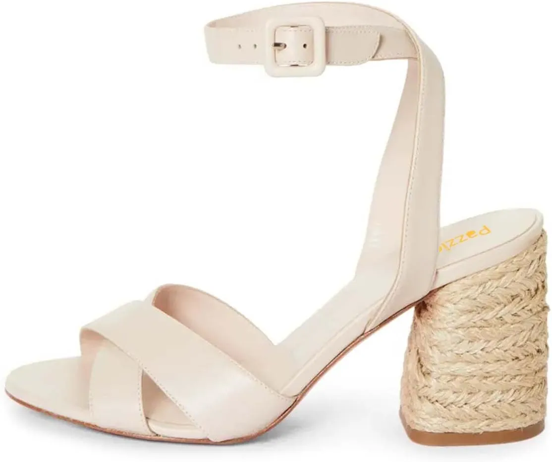 Pazzion Women Open Round Toe Block Heeled Sandals Crossover Straps Buckle Up High Heel Pumps Fashion Summer Evening Shoes Size 4-16 US