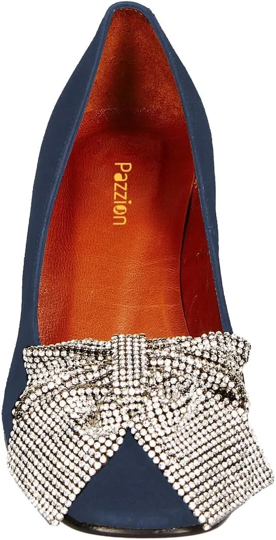 Pazzion Women Sparkly Rhinestone Bows Chunky Heel Pumps Slip On Closed Round Toe High Heels Casual Club Prom Wedding Shoes Size 4-16 US