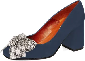 Pazzion Women Sparkly Rhinestone Bows Chunky Heel Pumps Slip On Closed Round Toe High Heels Casual Club Prom Wedding Shoes Size 4-16 US