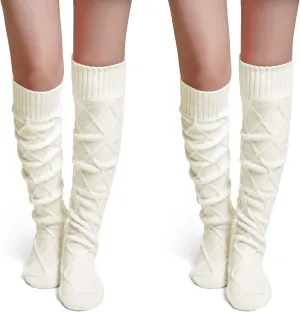 Pcavin Thigh High Socks for Women Cable Knit Over the Knee Boot Socks, Long Warm Leg Warmers Winter(White&White)