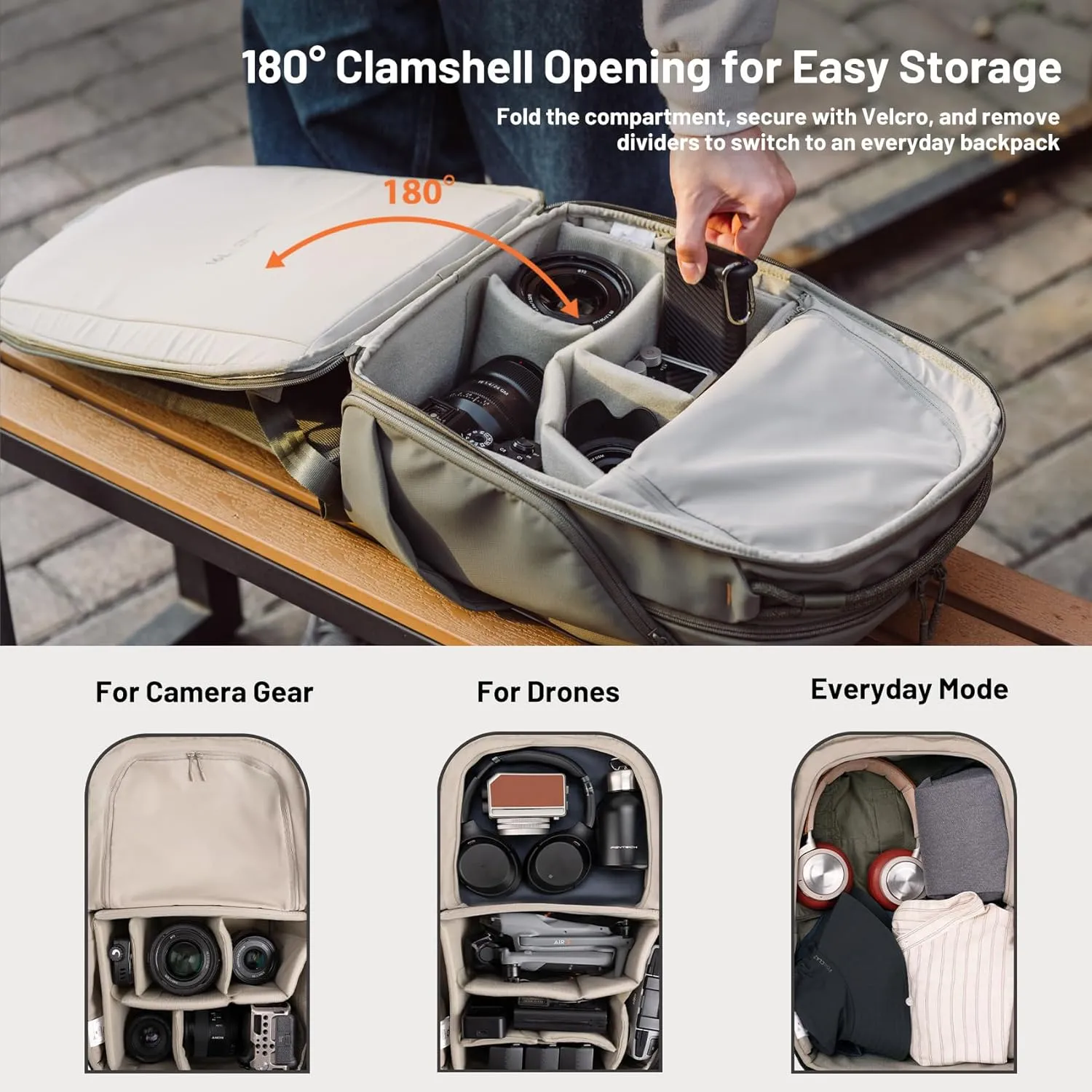 PGYTECH OneGo Lite Camera Backpack Water-Resistant DSLR/Mirrorless Bag for Sony/Canon/Fujifilm, Drone Backpack, Tripod Mount Travel & Weekend Photography Pack for 14" Laptop (Cream, 16L)