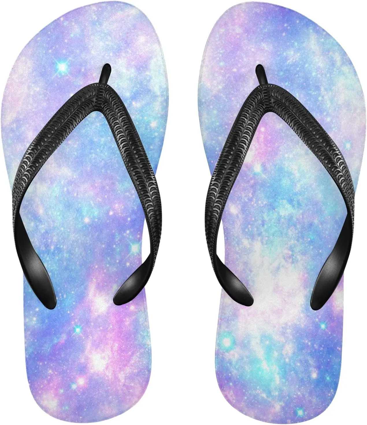 Pink and Blue Magical Galaxy Star Print Womens Flip Flops Psychedelic Nebula Starry Sky Summer Beach Sandals Casual Thong Slippers Comfortable Shower Slippers Non Slip Water Sandals shoes XS