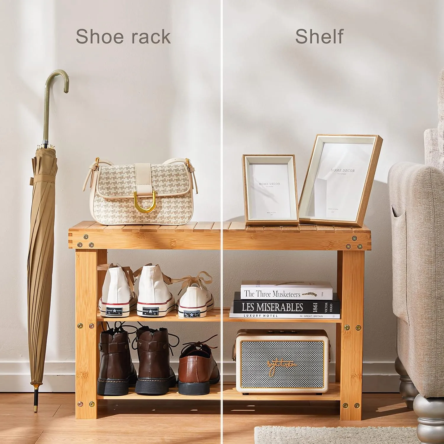 Pipishell 3 Tier Bamboo Shoe Rack Bench - Sturdy Organizer Holds up to 300lbs for Entryway, Bedroom, Living Room, Balcony