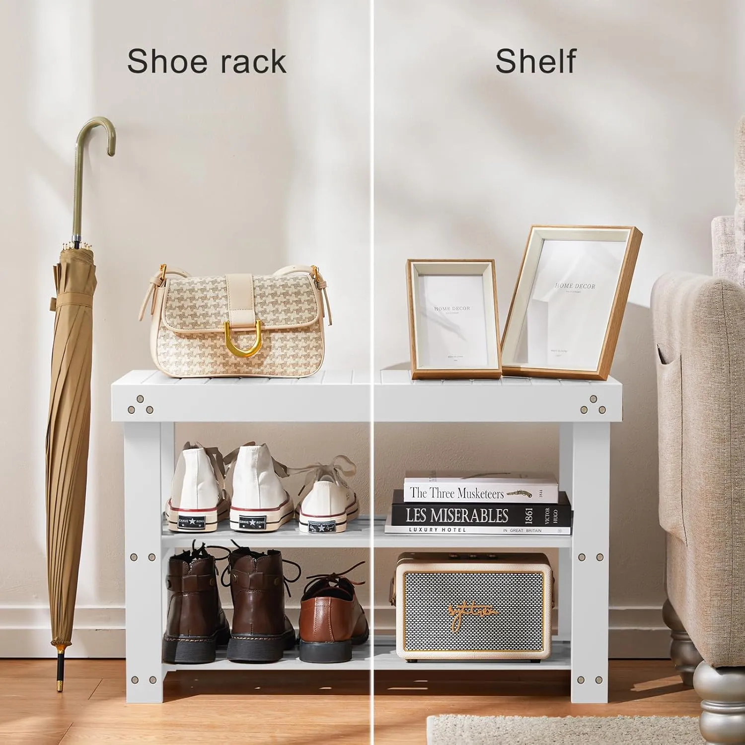 Pipishell Bamboo Shoe Rack Bench, 3-Tier Sturdy Shoe Organizer, Storage Shoe Bench, Holds up to 300lbs for Entryway Bedroom Living Room Balcony (White)