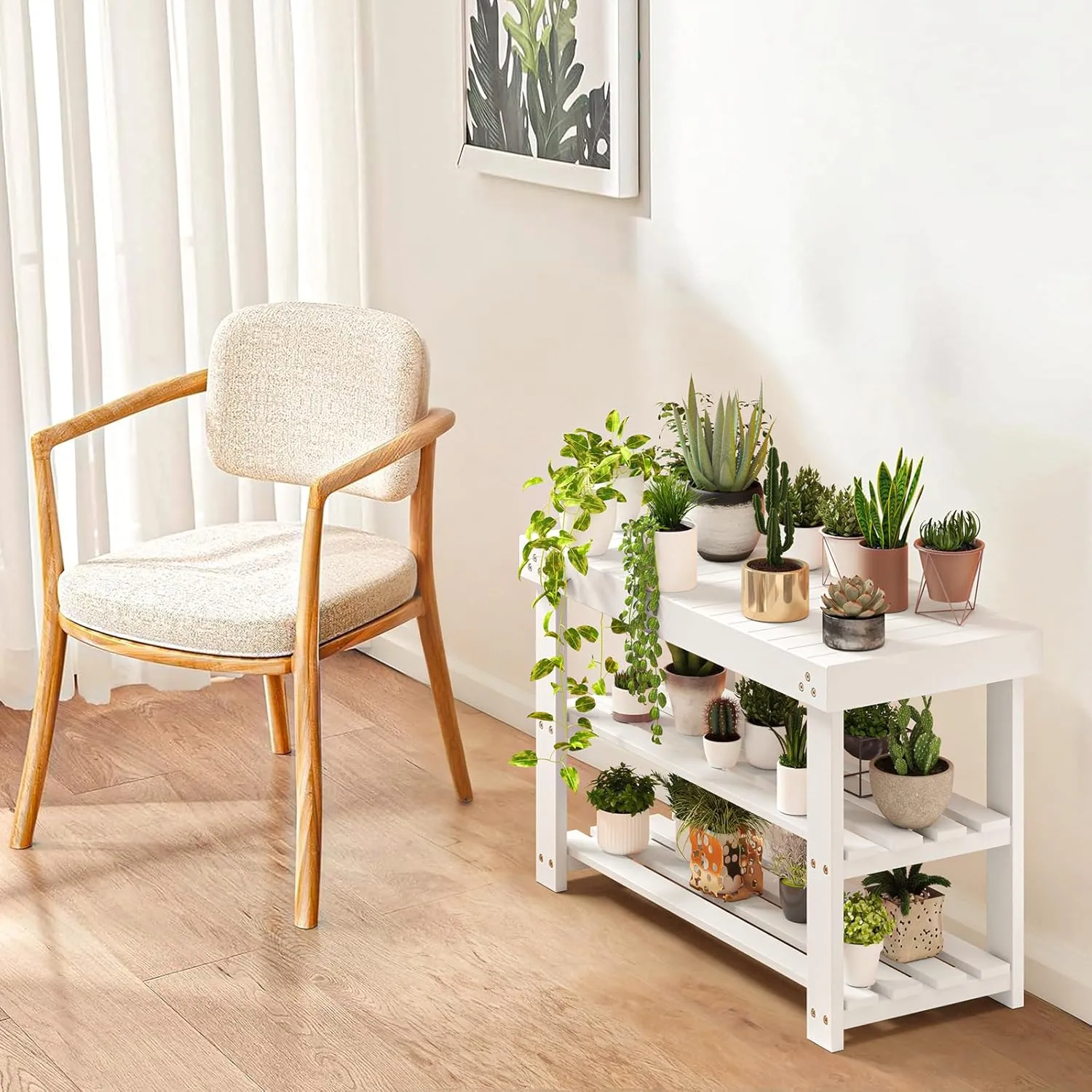 Pipishell Bamboo Shoe Rack Bench, 3-Tier Sturdy Shoe Organizer, Storage Shoe Bench, Holds up to 300lbs for Entryway Bedroom Living Room Balcony (White)
