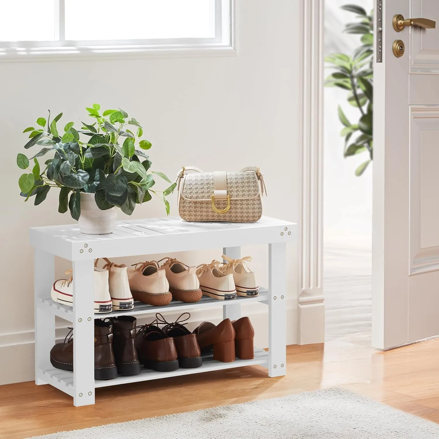 Pipishell Bamboo Shoe Rack Bench, 3-Tier Sturdy Shoe Organizer, Storage Shoe Bench, Holds up to 300lbs for Entryway Bedroom Living Room Balcony (White)