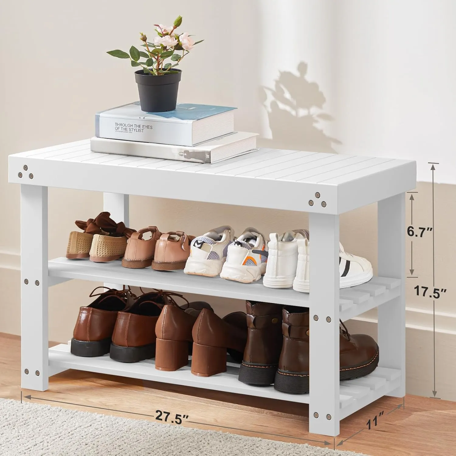 Pipishell Bamboo Shoe Rack Bench, 3-Tier Sturdy Shoe Organizer, Storage Shoe Bench, Holds up to 300lbs for Entryway Bedroom Living Room Balcony (White)