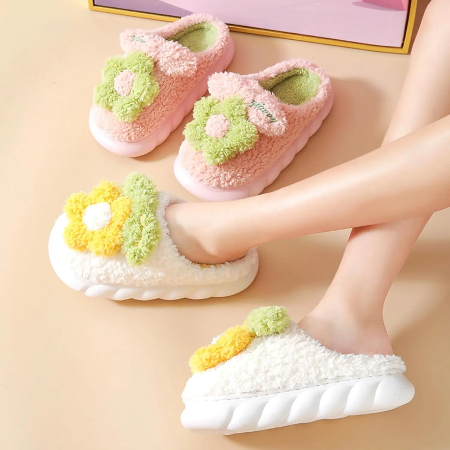 Plush Floral Slippers Adult Women’s Men’s Warm home Indoor Non-Slip Flowers for Winter Comfort
