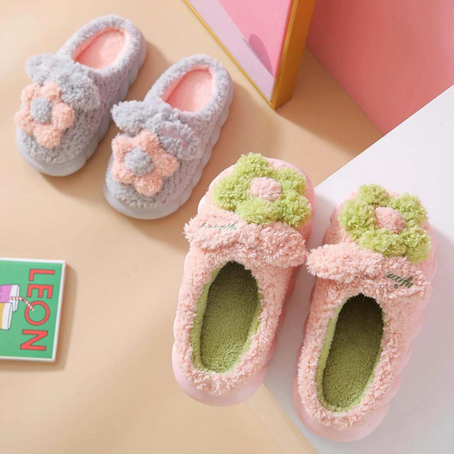 Plush Floral Slippers Adult Women’s Men’s Warm home Indoor Non-Slip Flowers for Winter Comfort