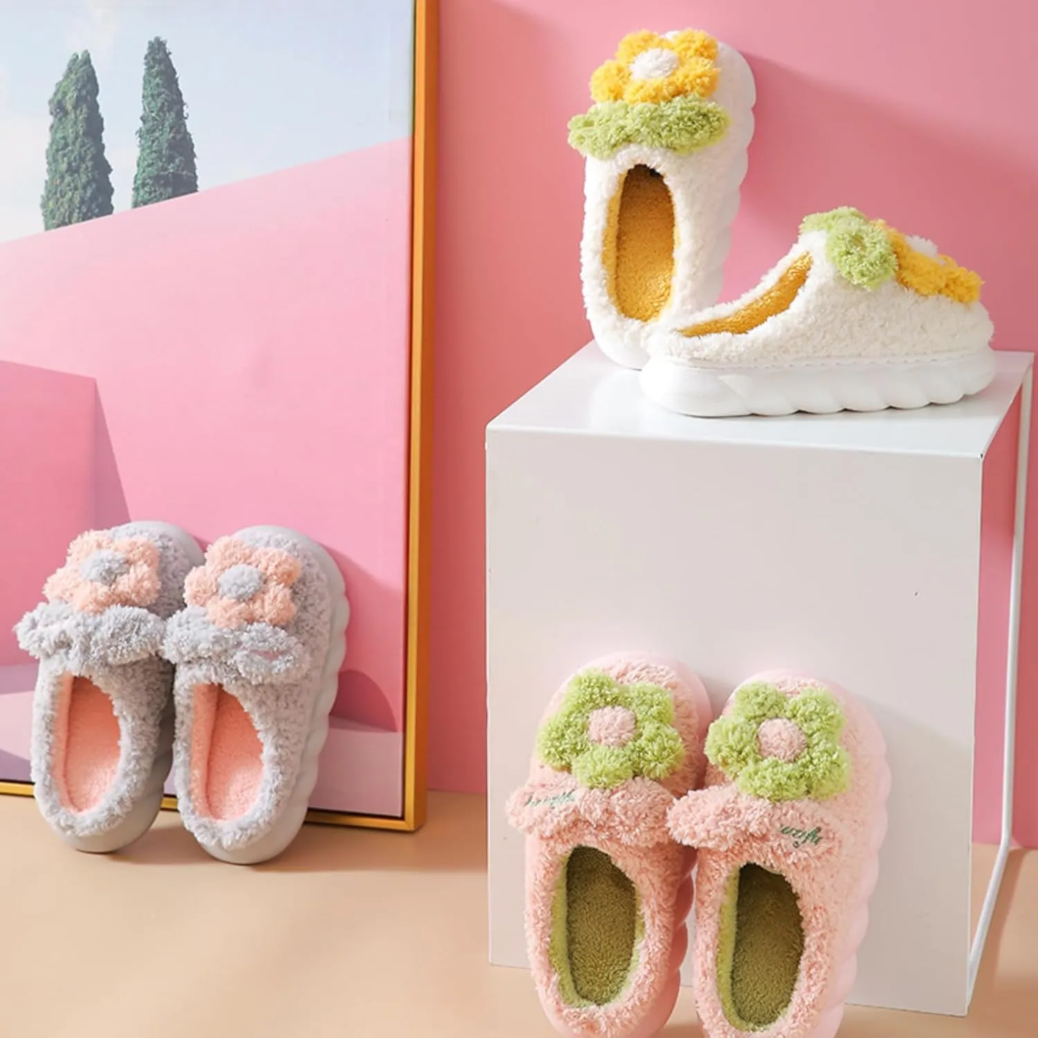 Plush Floral Slippers Adult Women’s Men’s Warm home Indoor Non-Slip Flowers for Winter Comfort