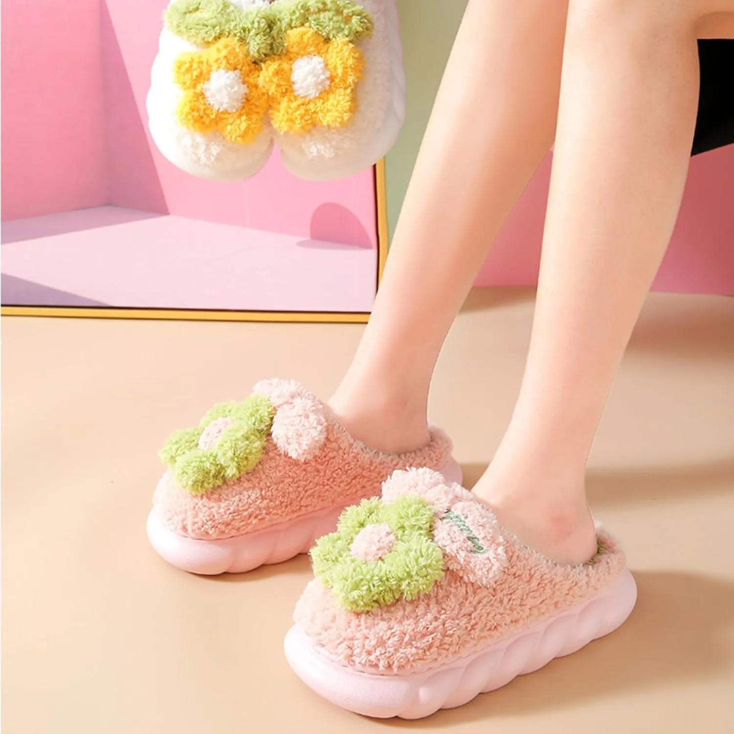 Plush Floral Slippers Adult Women’s Men’s Warm home Indoor Non-Slip Flowers for Winter Comfort