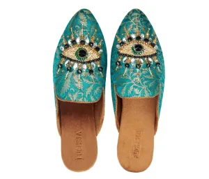 Pointed Toe Embroidered Good Eye Green Women's Mule shoes