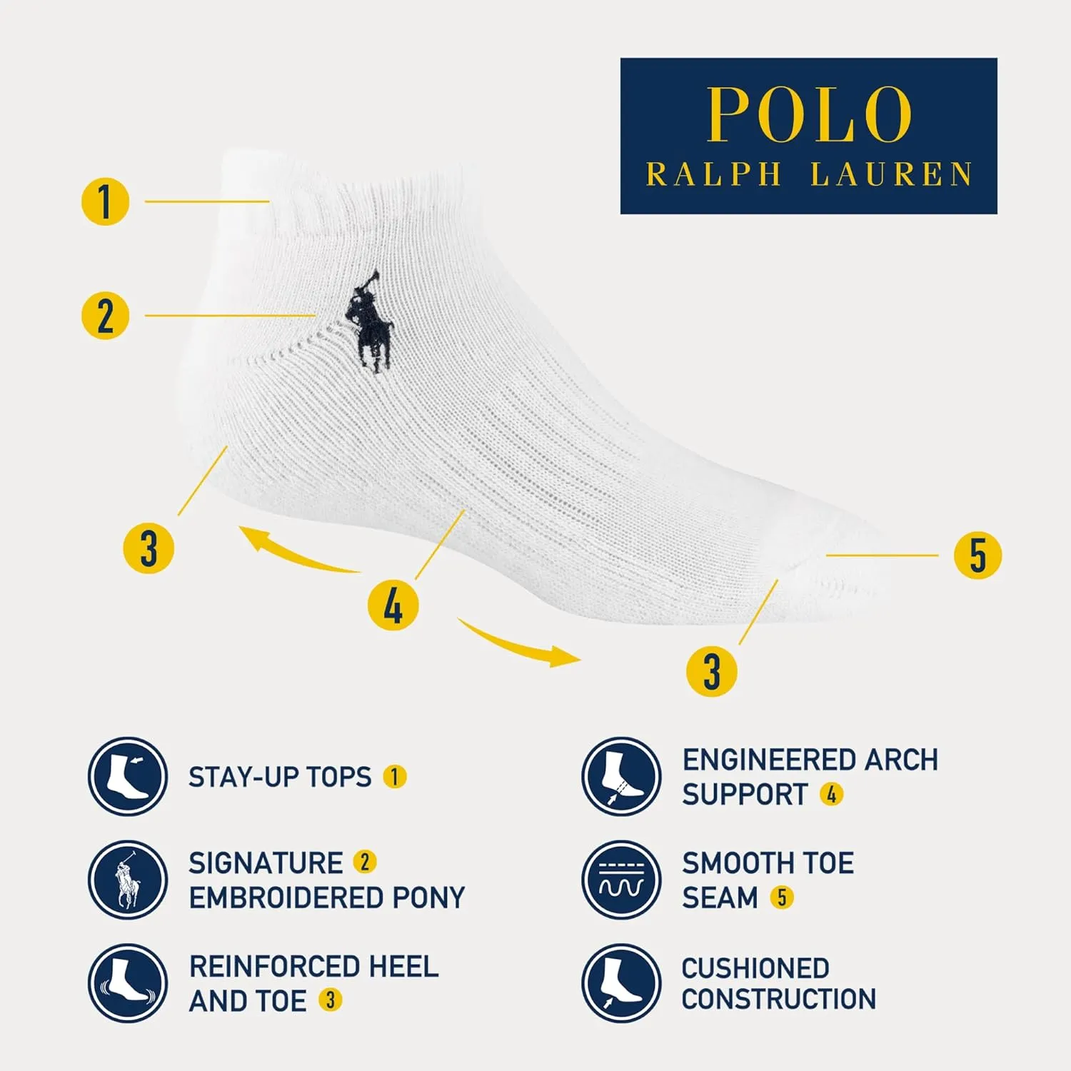 POLO RALPH LAUREN Boys Athletic Performance Cotton Low Cut Socks 6 Pair Pack Cushioned Arch Support