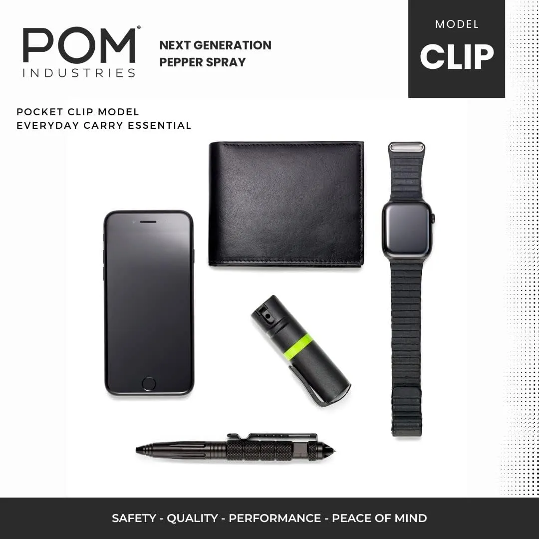 POM Pepper Spray Pocket Clip, Quick Flip Top Safety, Maximum Strength OC Formula with UV Marking Dye, Safe Compact and Tactical Design for Everyday Carry, 25 Bursts, 10 ft Range, 0.5 fl oz