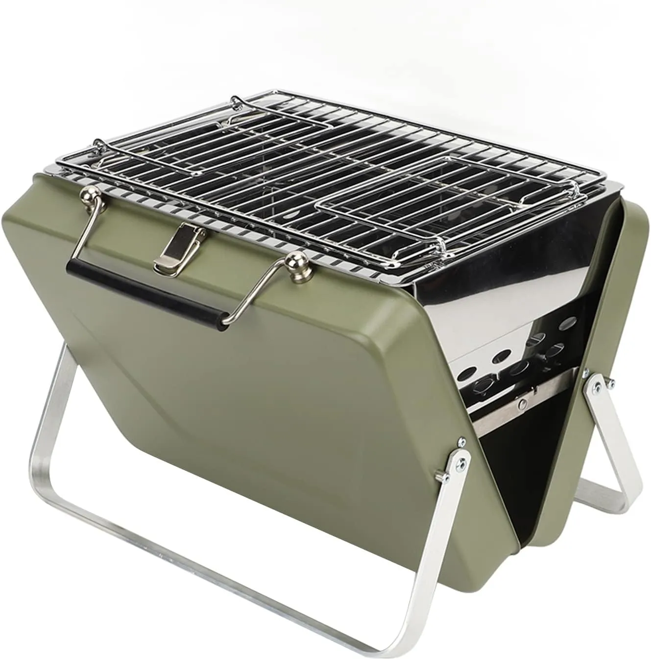 Portable Charcoal BBQ Grill Folding Notebook Grill High Temperature Non Stick Design Proof Grill Net for Camping Outdoor Cooking Backyard Picnic (Green)