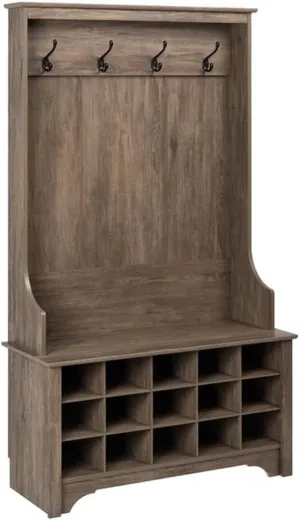 Prepac Entryway Organizer with 4 Coat Hooks, Coat Rack Hall Tree with Bench and Coat Storage, Furniture for Entryway with 15 Cubbies for Shoe Storage, 38” W x 68” H x 15.5” D, Drifted Gray