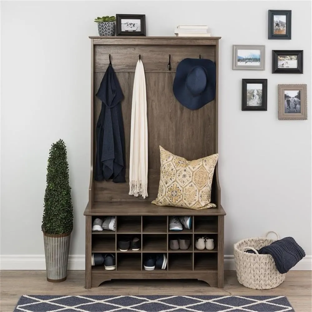 Prepac Entryway Organizer with 4 Coat Hooks, Coat Rack Hall Tree with Bench and Coat Storage, Furniture for Entryway with 15 Cubbies for Shoe Storage, 38” W x 68” H x 15.5” D, Drifted Gray