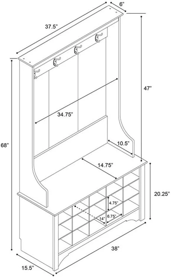 Prepac Entryway Organizer with 4 Coat Hooks, Coat Rack Hall Tree with Bench and Coat Storage, Furniture for Entryway with 15 Cubbies for Shoe Storage, 38” W x 68” H x 15.5” D, Drifted Gray