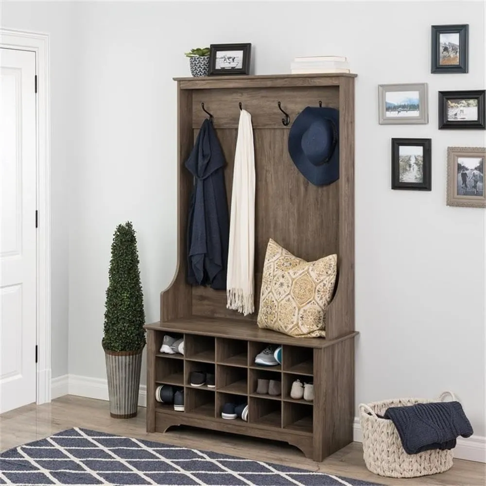 Prepac Entryway Organizer with 4 Coat Hooks, Coat Rack Hall Tree with Bench and Coat Storage, Furniture for Entryway with 15 Cubbies for Shoe Storage, 38” W x 68” H x 15.5” D, Drifted Gray