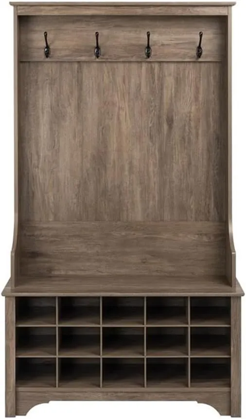 Prepac Entryway Organizer with 4 Coat Hooks, Coat Rack Hall Tree with Bench and Coat Storage, Furniture for Entryway with 15 Cubbies for Shoe Storage, 38” W x 68” H x 15.5” D, Drifted Gray