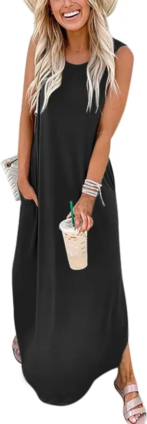 Prinbara Women's Maxi Dress Summer Casual Long Subdress Sleeveless Split Loose Trendy Beach Dresses