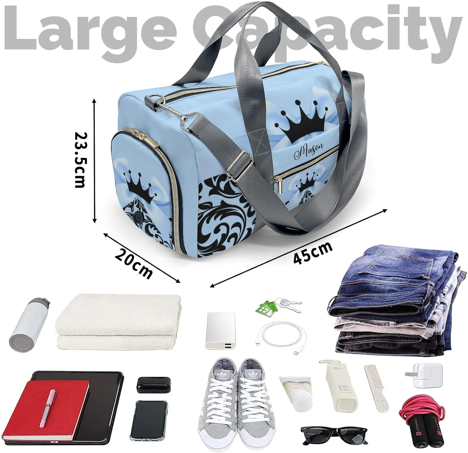 Princess Bow Black Blue 1 Personalized Duffel Bag,Custom Travel Gym Bag with Name,Waterproof Sports Overnight Bag with Shoe Compartment & Shoulder Strap