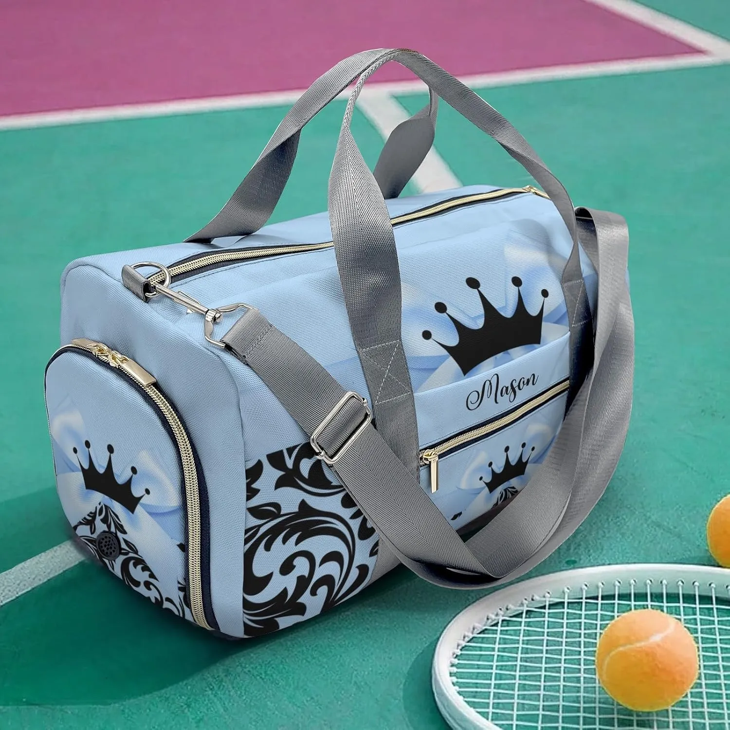 Princess Bow Black Blue 1 Personalized Duffel Bag,Custom Travel Gym Bag with Name,Waterproof Sports Overnight Bag with Shoe Compartment & Shoulder Strap